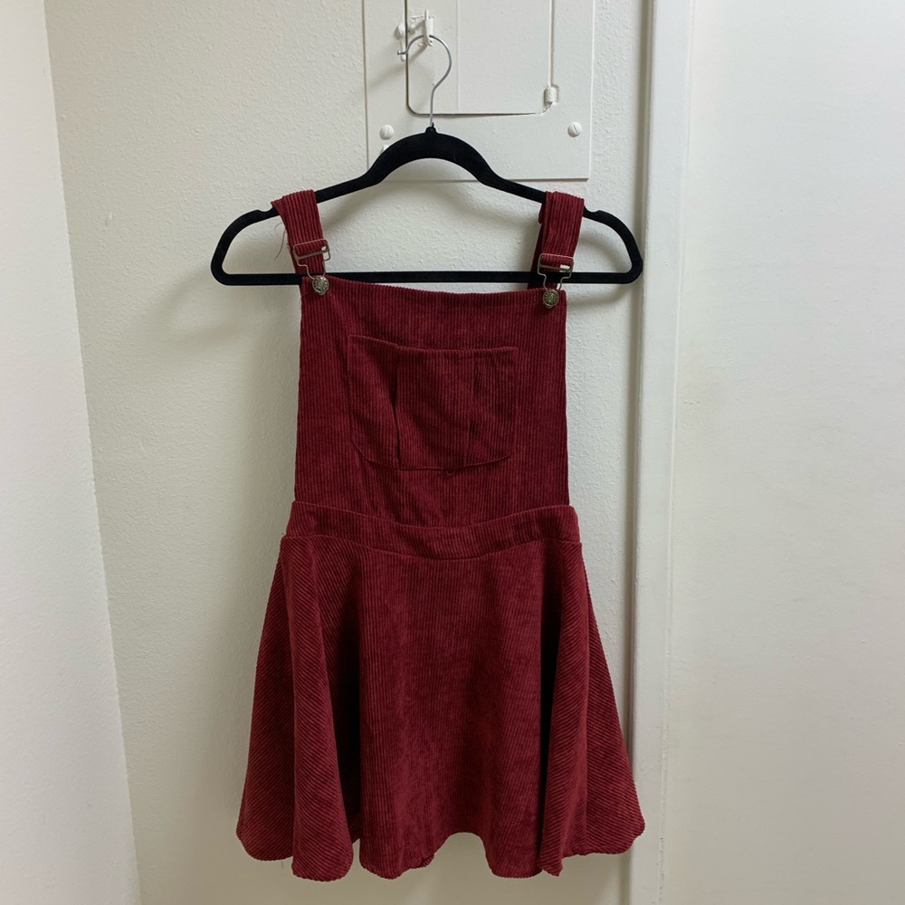 Red corduroy overalls dress